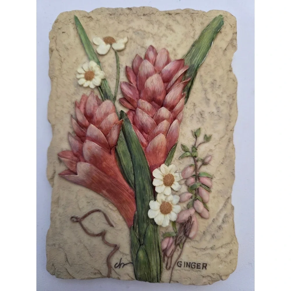 Two Vintage Cheri‎ Blum 3D Floral Tiles Wall Plaques Resin Protea Ginger